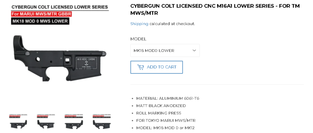 Angry Gun CNC Lower Receiver for Marui TM MWS / MTR GBB ( MK18 MOD 0 /  M16A1 MK12 ) ( Colt Licensed w/ Roll Marking Press )